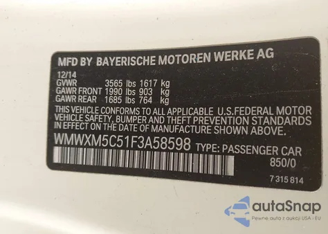 2015 Mini Hardtop Cooper from USA, damaged, VIN WMWXM5C51F3A58598